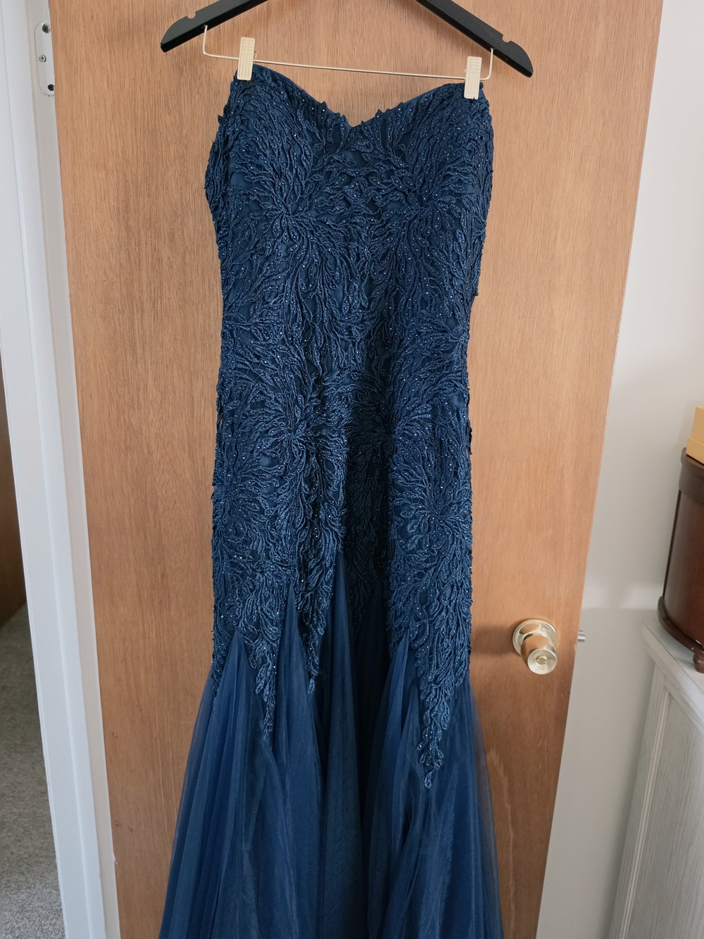 Mon Cheri Navy Beaded Strapless Tulle Womens Formal Dress